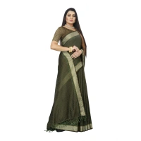 Women's Cotton Blend Solid/Plain Saree With Unstitched Blouse 5.5Mtr (Green) - Green