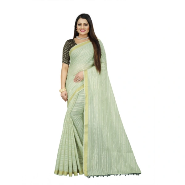 Women's Cotton Blend Solid/Plain Saree With Unstitched Blouse 5.5Mtr (Green) - Green