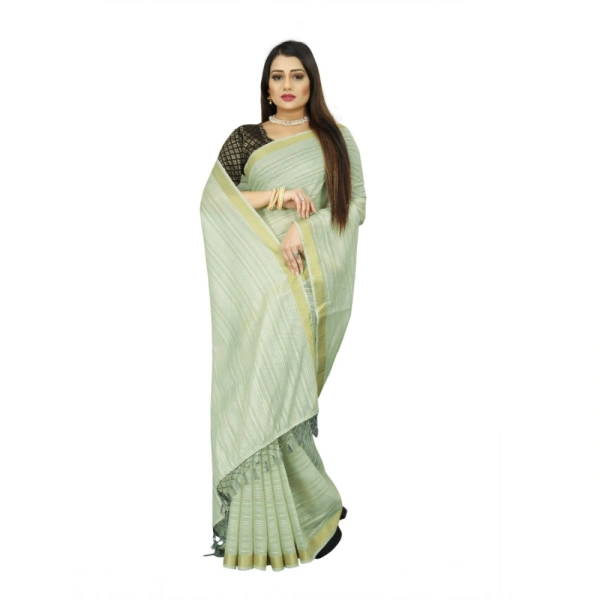 Women's Cotton Blend Solid/Plain Saree With Unstitched Blouse 5.5Mtr (Green) - Green