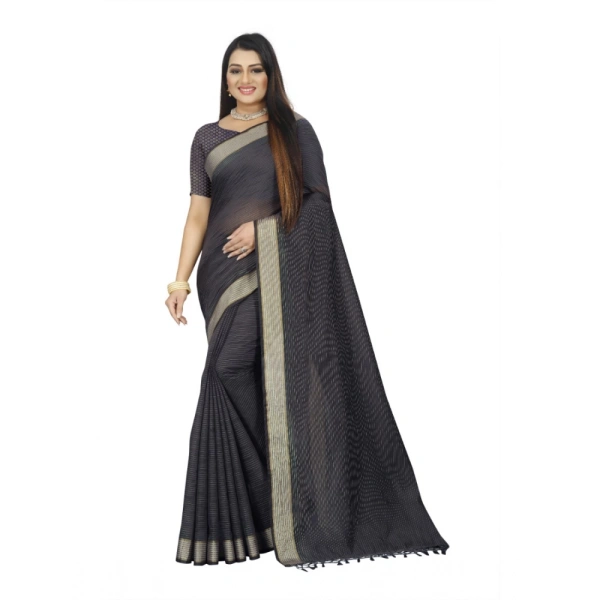 Women's Cotton Blend Solid/Plain Saree With Unstitched Blouse 5.5Mtr (Grey) - Grey