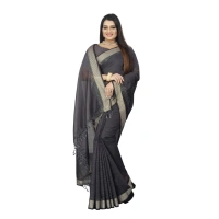 Women's Cotton Blend Solid/Plain Saree With Unstitched Blouse 5.5Mtr (Grey) - Grey