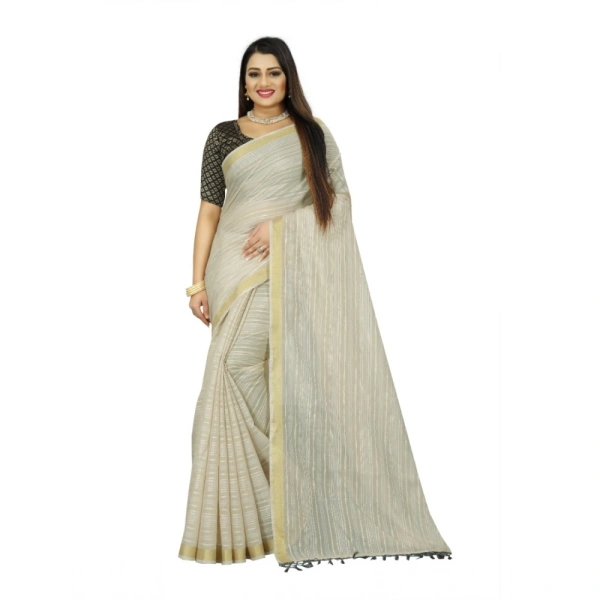 Women's Cotton Blend Solid/Plain Saree With Unstitched Blouse 5.5Mtr (Cream) - Cream
