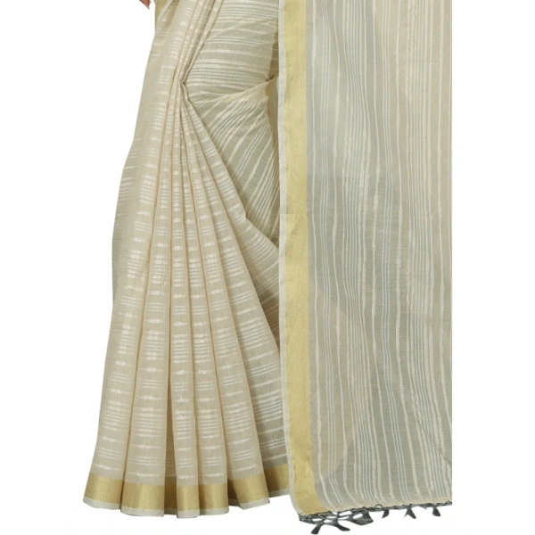 Women's Cotton Blend Solid/Plain Saree With Unstitched Blouse 5.5Mtr (Cream) - Cream
