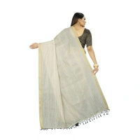 Women's Cotton Blend Solid/Plain Saree With Unstitched Blouse 5.5Mtr (Cream) - Cream