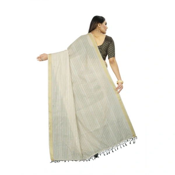 Women's Cotton Blend Solid/Plain Saree With Unstitched Blouse 5.5Mtr (Cream) - Cream