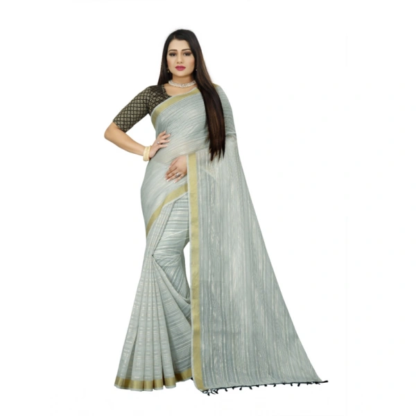 Women's Cotton Blend Solid/Plain Saree With Unstitched Blouse 5.5Mtr (Light Blue) - Light Blue