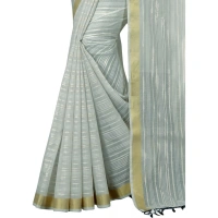Women's Cotton Blend Solid/Plain Saree With Unstitched Blouse 5.5Mtr (Light Blue) - Light Blue