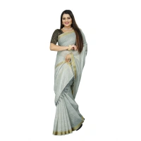 Women's Cotton Blend Solid/Plain Saree With Unstitched Blouse 5.5Mtr (Light Blue) - Light Blue