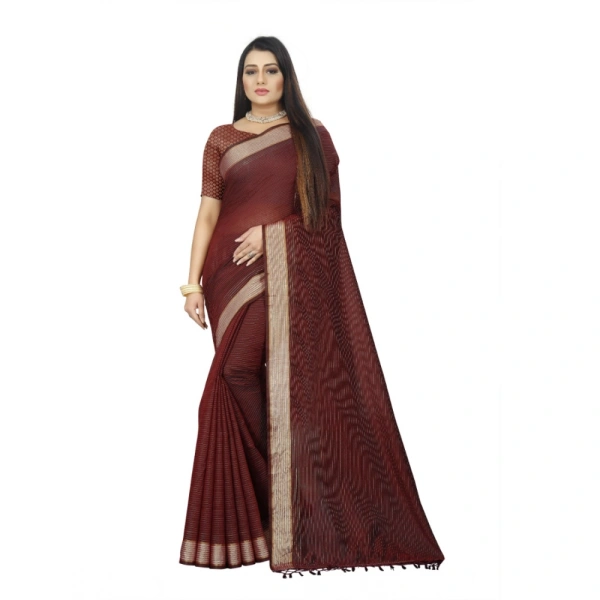 Women's Cotton Blend Solid/Plain Saree With Unstitched Blouse 5.5Mtr (Maroon) - Maroon