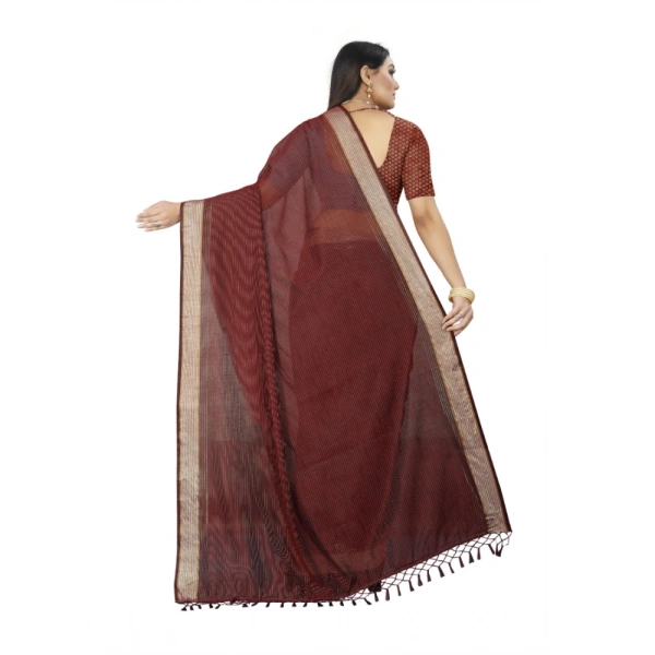 Women's Cotton Blend Solid/Plain Saree With Unstitched Blouse 5.5Mtr (Maroon) - Maroon