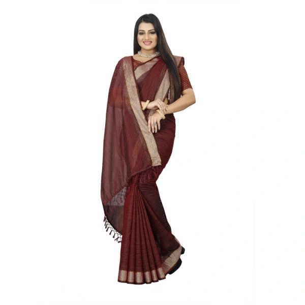 Women's Cotton Blend Solid/Plain Saree With Unstitched Blouse 5.5Mtr (Maroon) - Maroon