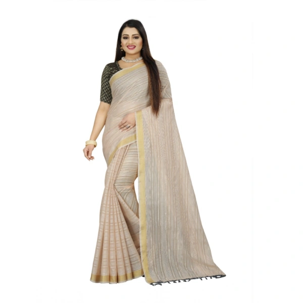 Women's Cotton Blend Solid/Plain Saree With Unstitched Blouse 5.5Mtr (Beige) - Beige