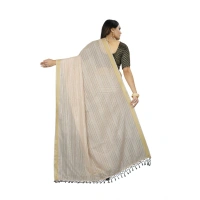 Women's Cotton Blend Solid/Plain Saree With Unstitched Blouse 5.5Mtr (Beige) - Beige