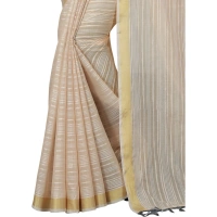 Women's Cotton Blend Solid/Plain Saree With Unstitched Blouse 5.5Mtr (Beige) - Beige