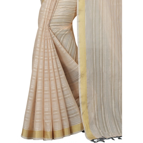 Women's Cotton Blend Solid/Plain Saree With Unstitched Blouse 5.5Mtr (Beige) - Beige