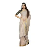 Women's Cotton Blend Solid/Plain Saree With Unstitched Blouse 5.5Mtr (Beige) - Beige
