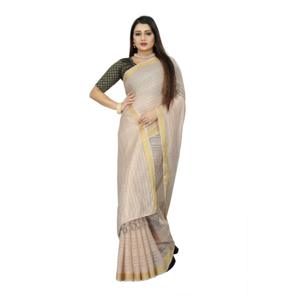 Women's Cotton Blend Solid/Plain Saree With Unstitched Blouse 5.5Mtr (Beige) - Beige