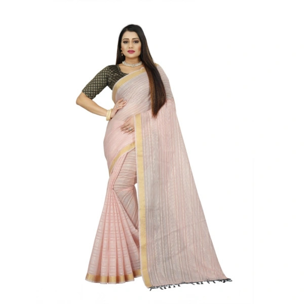 Women's Cotton Blend Solid/Plain Saree With Unstitched Blouse 5.5Mtr (Pink) - Pink