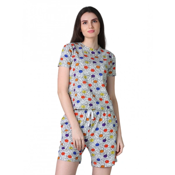 Women's Cotton Blended Printed Round Neck Half Sleeve Top - Shorts Set (Grey) - 2XL