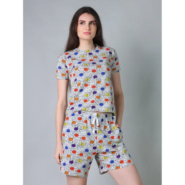 Women's Cotton Blended Printed Round Neck Half Sleeve Top - Shorts Set (Grey) - 2XL