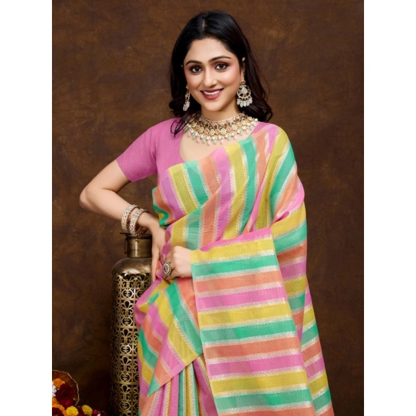 Women's Cotton Blended Printed Saree With Unstitched Blouse 5.5Mtr (Pink)