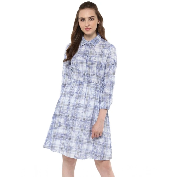 Women's Cotton Checkered Roll Up Sleeve Above Knee Dress (Blue) - XL
