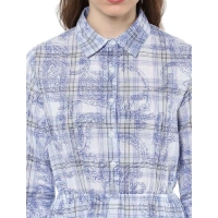 Women's Cotton Checkered Roll Up Sleeve Above Knee Dress (Blue) - XL
