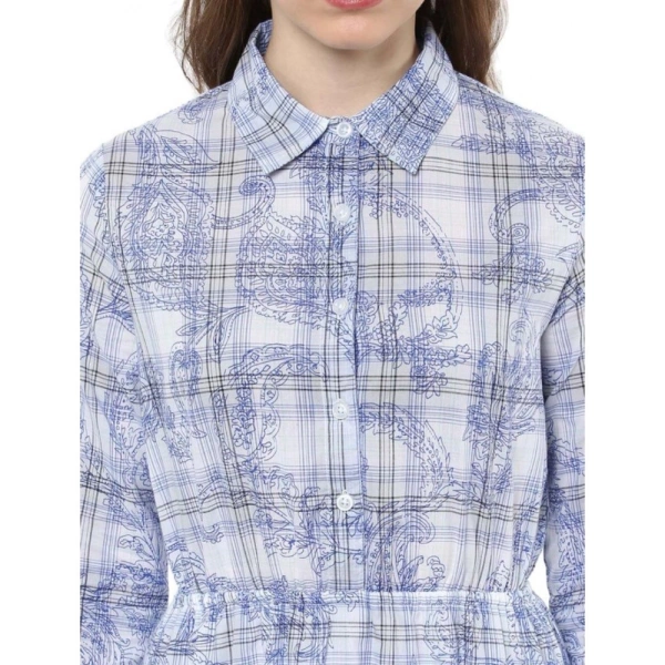 Women's Cotton Checkered Roll Up Sleeve Above Knee Dress (Blue) - XL