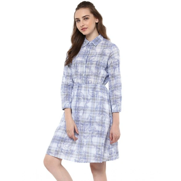 Women's Cotton Checkered Roll Up Sleeve Above Knee Dress (Blue) - XL