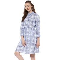Women's Cotton Checkered Roll Up Sleeve Above Knee Dress (Blue) - XL