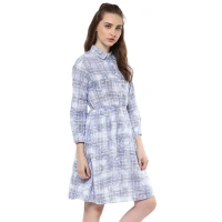 Women's Cotton Checkered Roll Up Sleeve Above Knee Dress (Blue) - XL