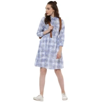 Women's Cotton Checkered Roll Up Sleeve Above Knee Dress (Blue) - XL