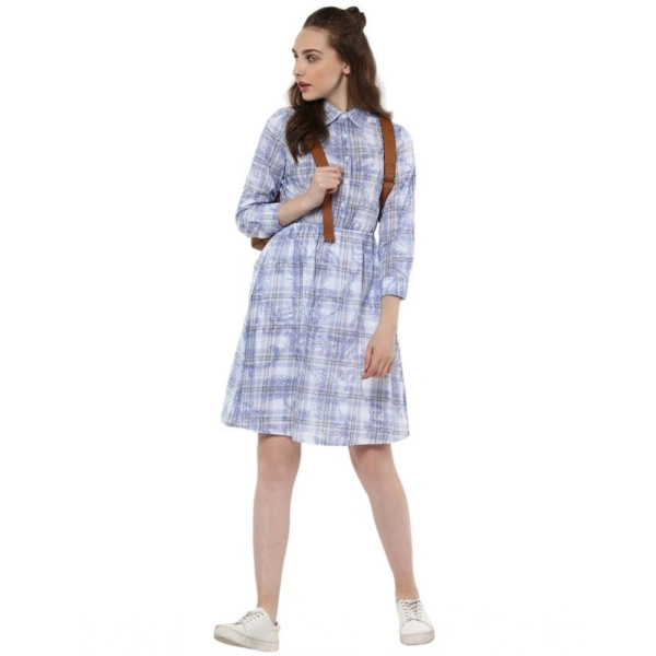 Women's Cotton Checkered Roll Up Sleeve Above Knee Dress (Blue) - XL