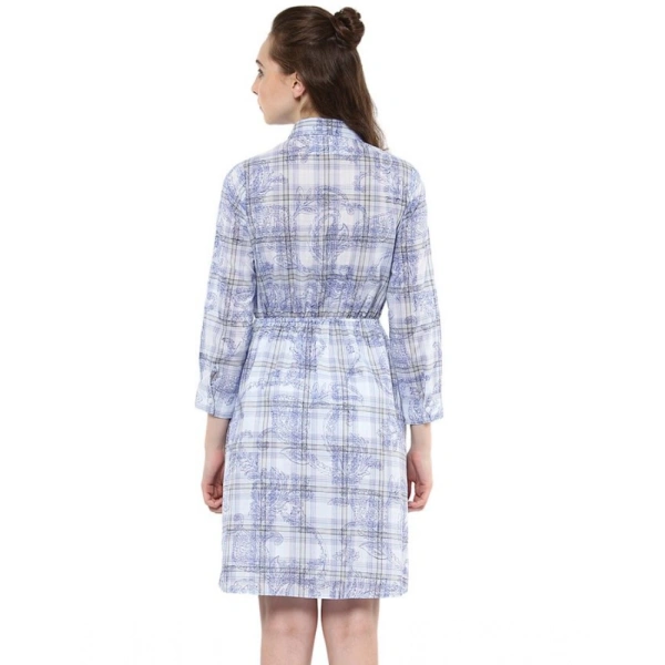 Women's Cotton Checkered Roll Up Sleeve Above Knee Dress (Blue) - XL