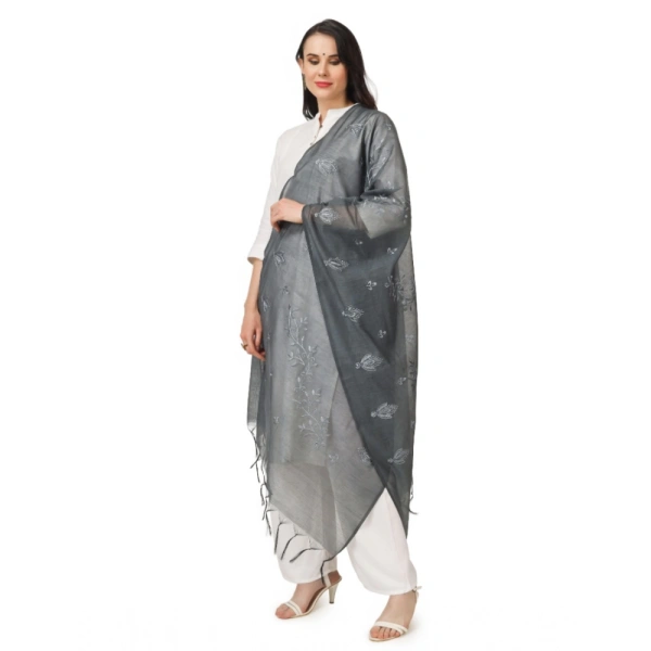 Women's Cotton Embroidered Dupatta (Grey, Length:Â 2.25 to 2.50 Mtr)