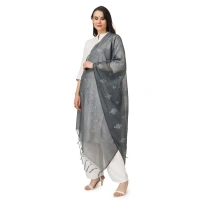 Women's Cotton Embroidered Dupatta (Grey, Length:Â 2.25 to 2.50 Mtr)