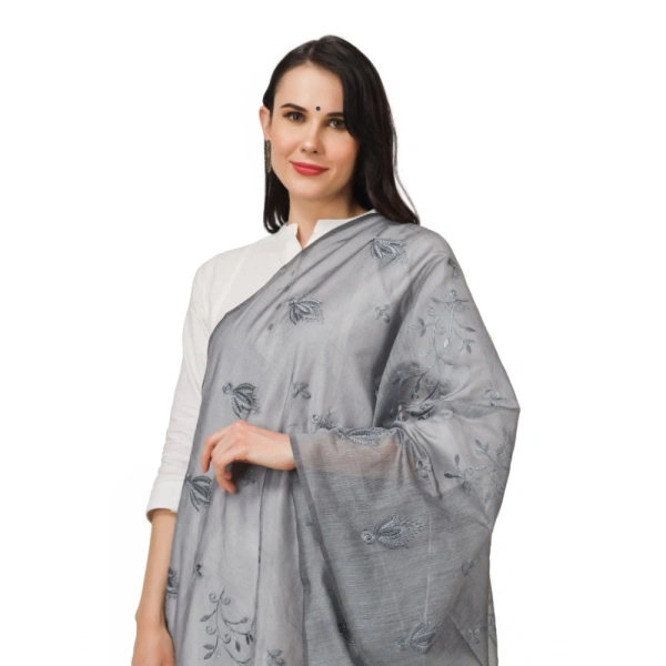 Women's Cotton Embroidered Dupatta (Grey, Length:Â 2.25 to 2.50 Mtr)