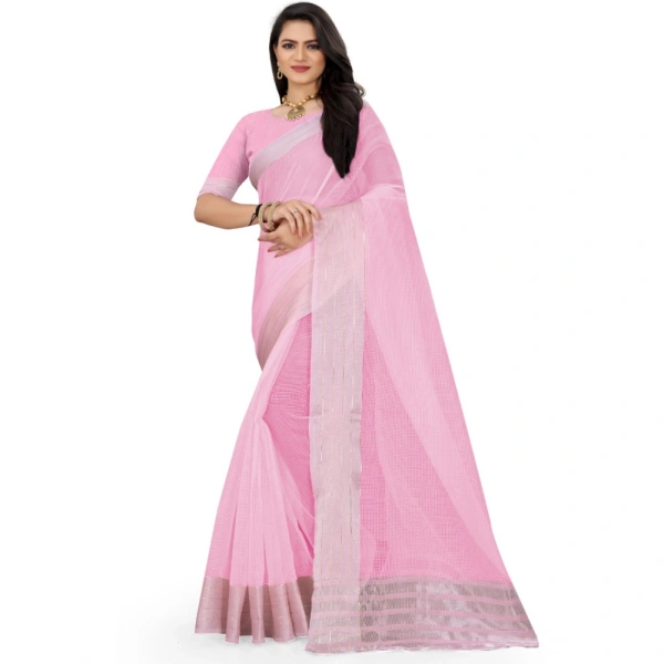 Women's Cotton Jute Self Design Saree With Unstitched Blouse 5.5Mtr (Pink) - Pink