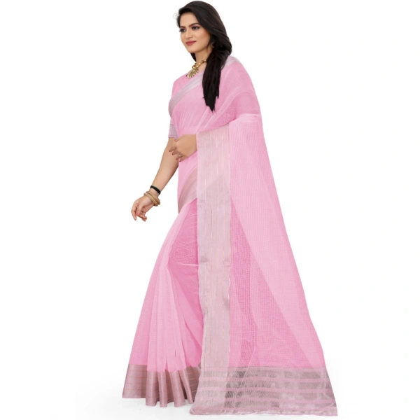 Women's Cotton Jute Self Design Saree With Unstitched Blouse 5.5Mtr (Pink) - Pink