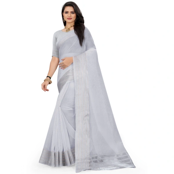Women's Cotton Jute Self Design Saree With Unstitched Blouse 5.5Mtr (Grey) - Grey