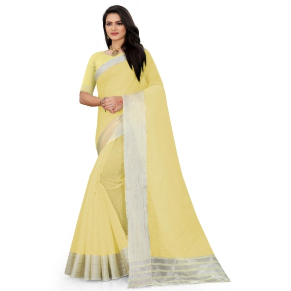 Women's Cotton Jute Self Design Saree With Unstitched Blouse 5.5Mtr (Yellow) - Yellow