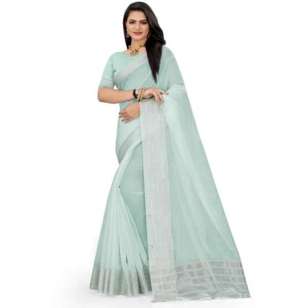 Women's Cotton Jute Self Design Saree With Unstitched Blouse 5.5Mtr (Sky Blue) - SkyBlue
