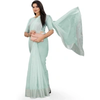 Women's Cotton Jute Self Design Saree With Unstitched Blouse 5.5Mtr (Sky Blue) - SkyBlue