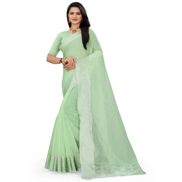 Women's Cotton Jute Self Design Saree With Unstitched Blouse 5.5Mtr (Green) - Green