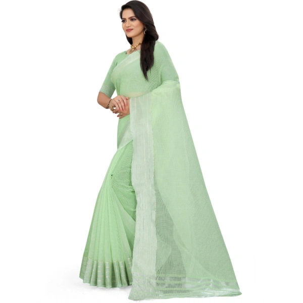 Women's Cotton Jute Self Design Saree With Unstitched Blouse 5.5Mtr (Green) - Green