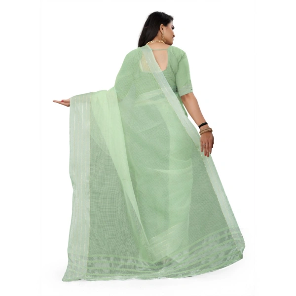 Women's Cotton Jute Self Design Saree With Unstitched Blouse 5.5Mtr (Green) - Green