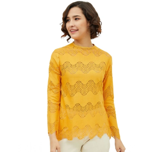 Women's Cotton Lace Inserts Long Sleeves Top (Yellow) - S