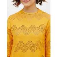 Women's Cotton Lace Inserts Long Sleeves Top (Yellow) - S