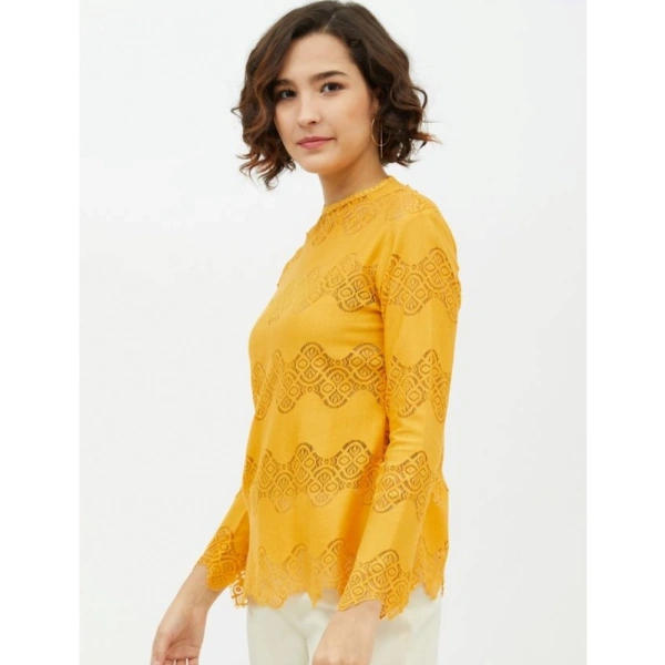 Women's Cotton Lace Inserts Long Sleeves Top (Yellow) - S