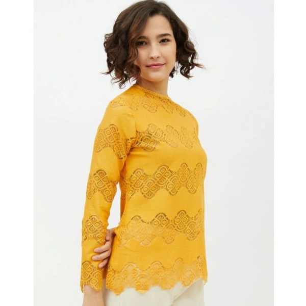 Women's Cotton Lace Inserts Long Sleeves Top (Yellow) - S